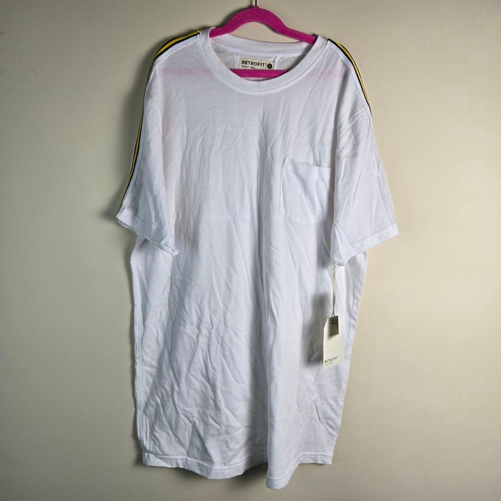 Men's RETROFIT White Short Sleeve Tee with Yellow Stripes, Size M
